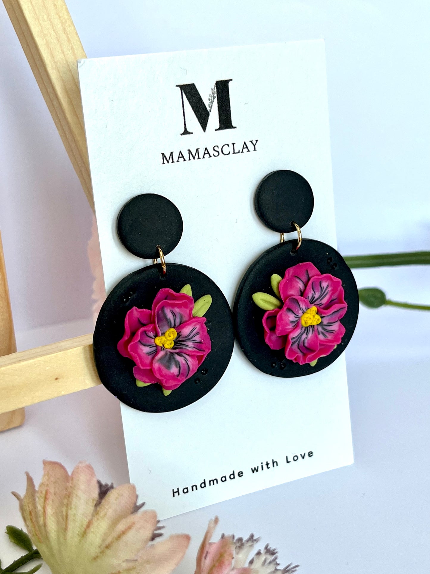 Pink Flower Dangle Earrings / Black Background