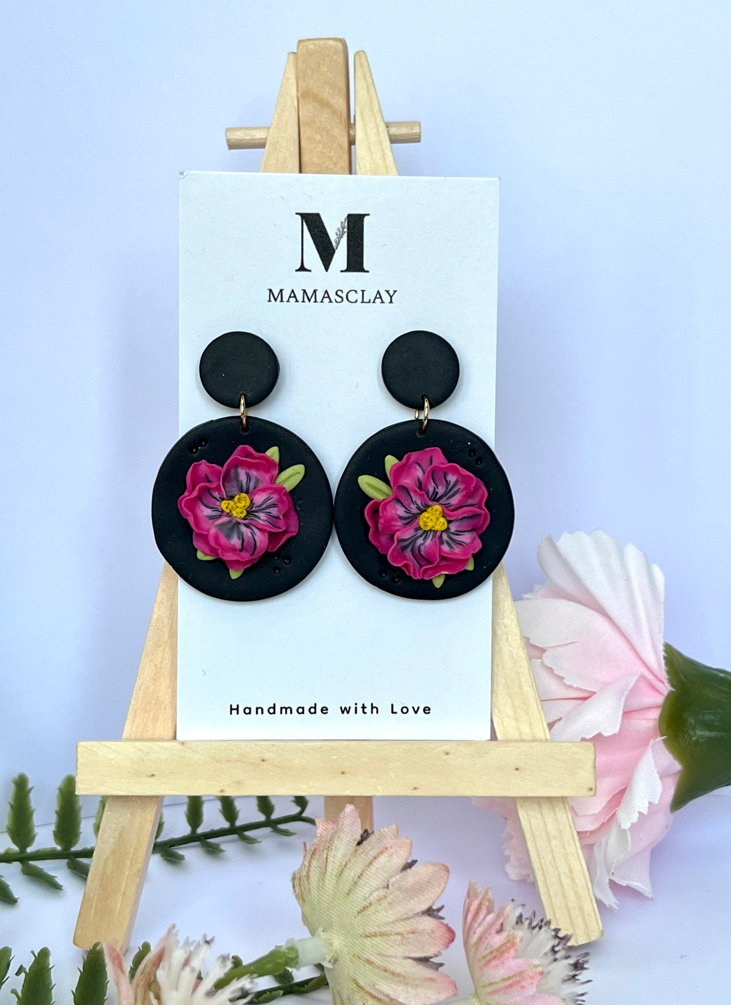Pink Flower Dangle Earrings / Black Background