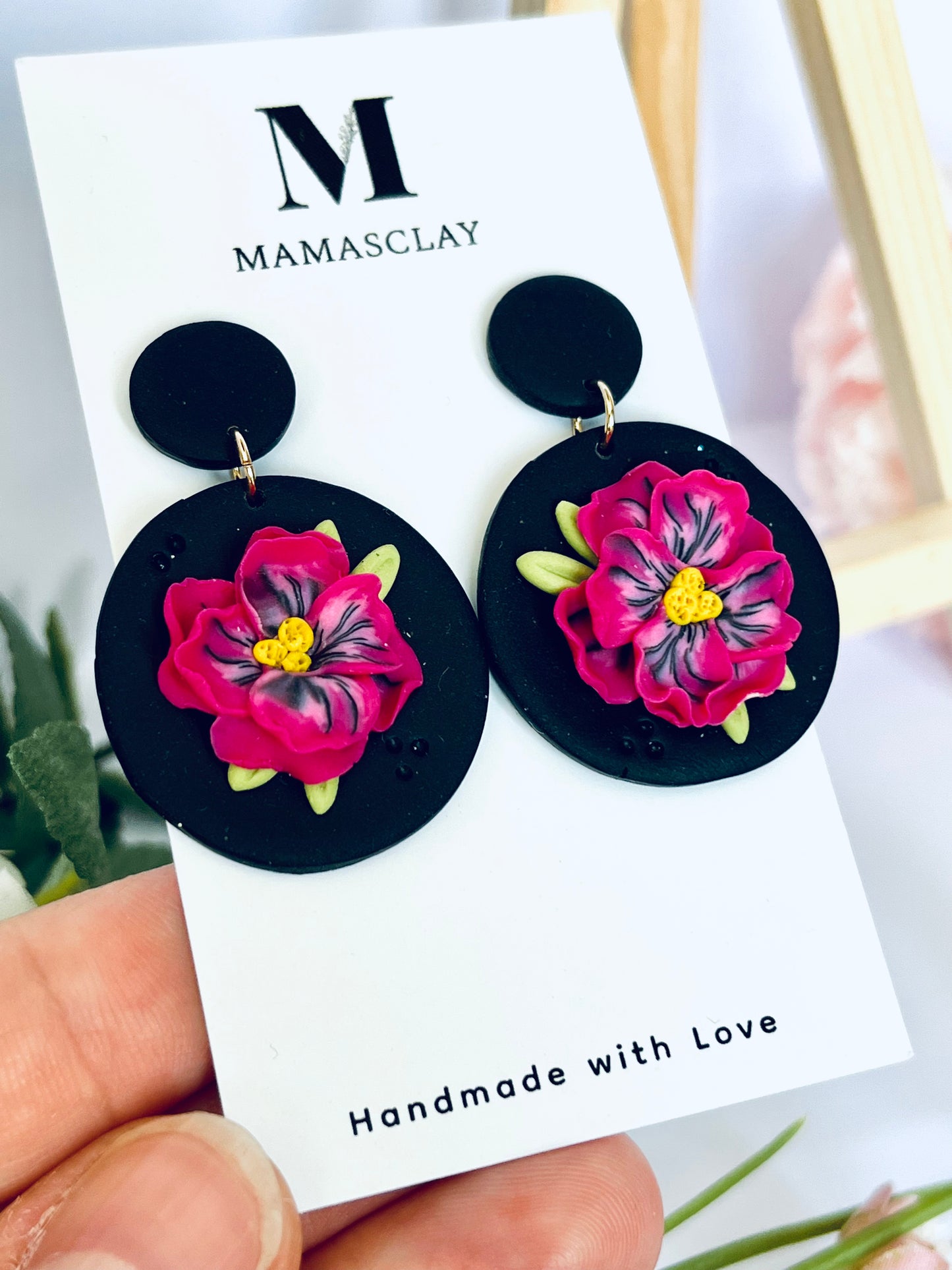 Pink Flower Dangle Earrings / Black Background