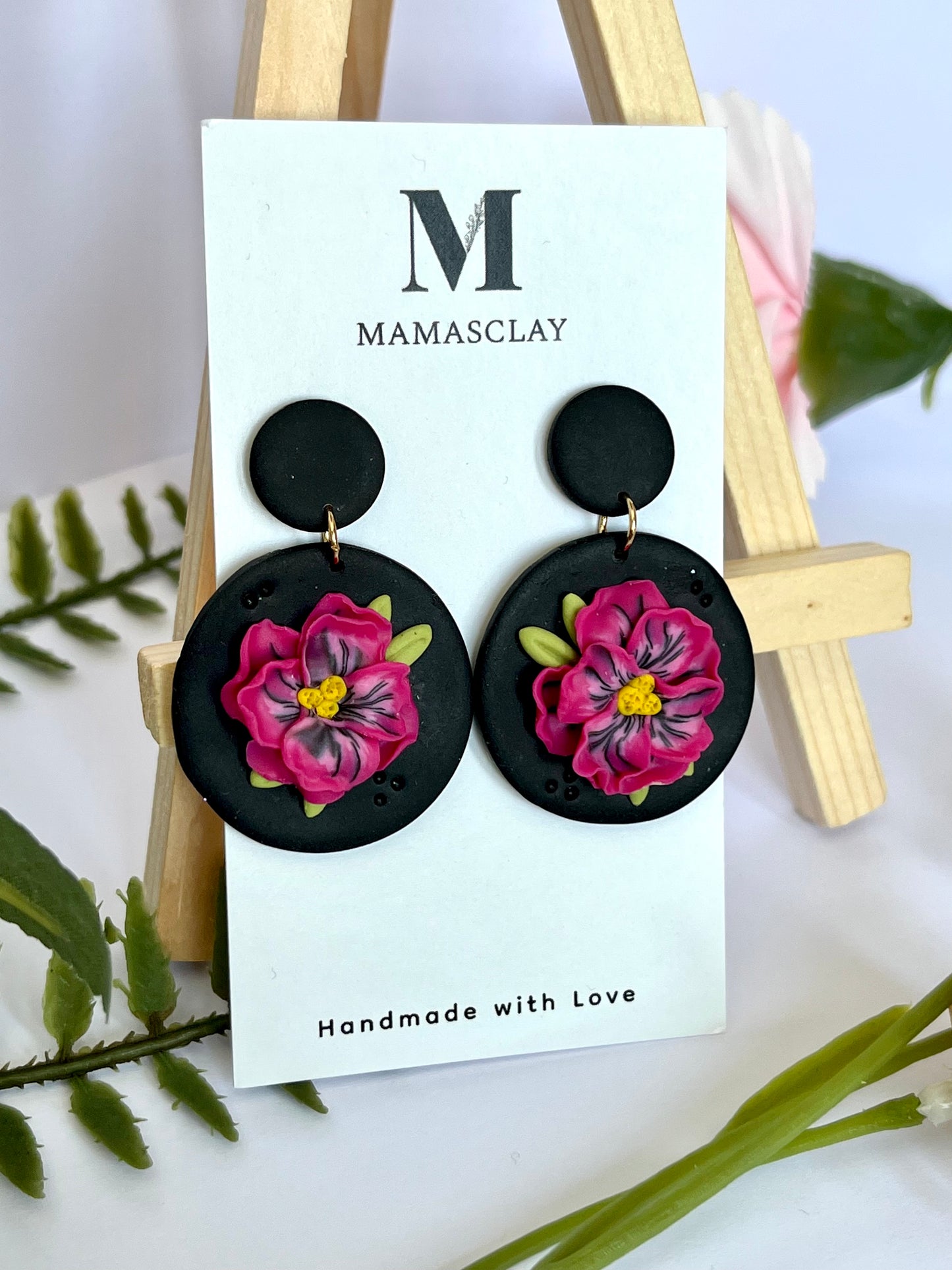 Pink Flower Dangle Earrings / Black Background