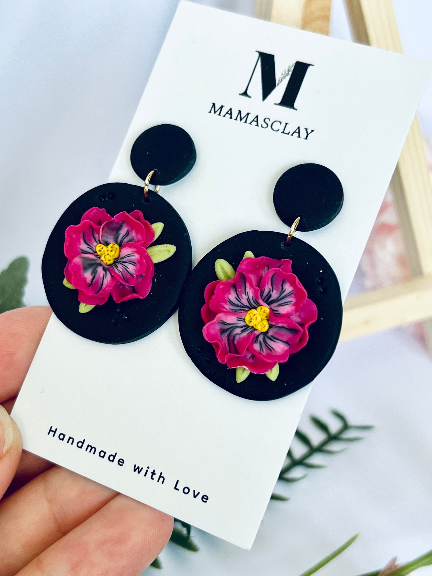 Pink Flower Dangle Earrings / Black Background