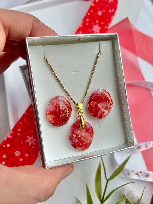 Red Marble Studs and Necklace Set