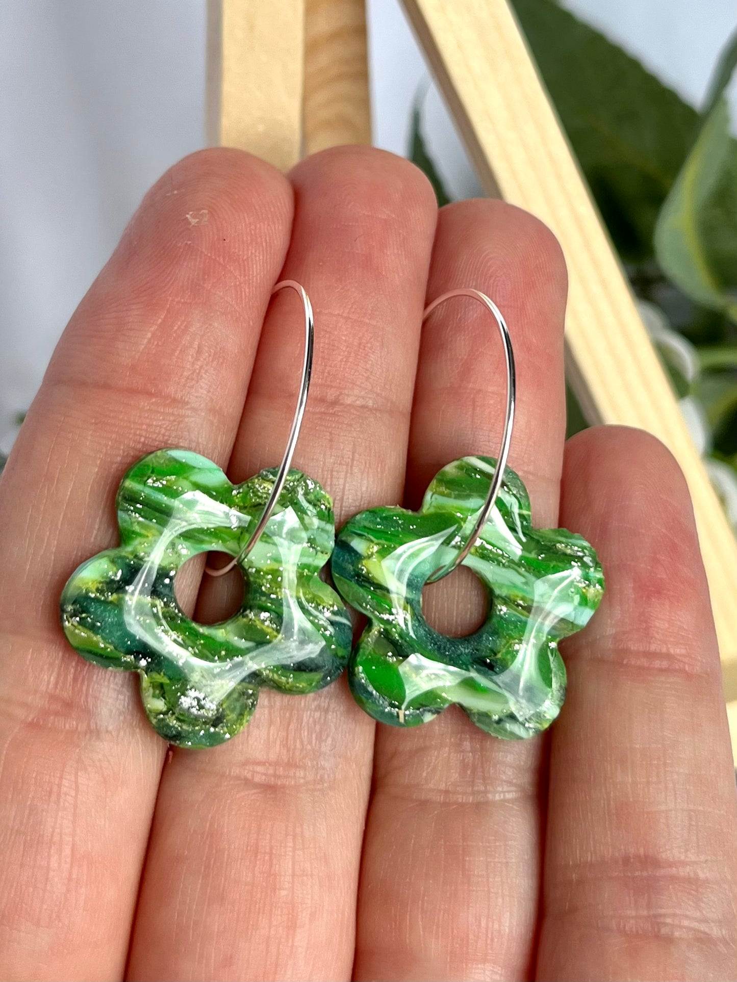 Green and Silver Flower Hoops