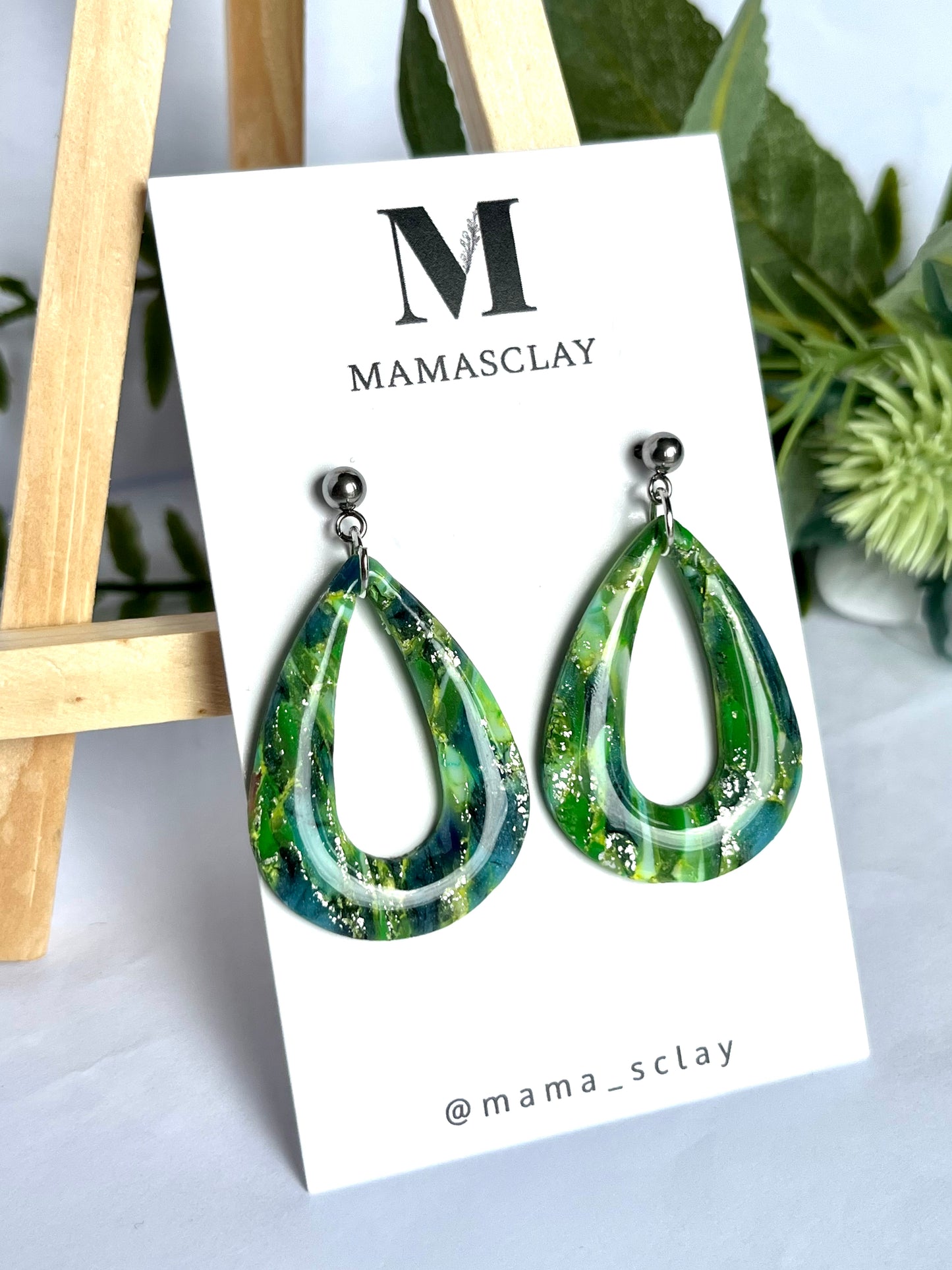 Green and Silver Teardrop Earrings