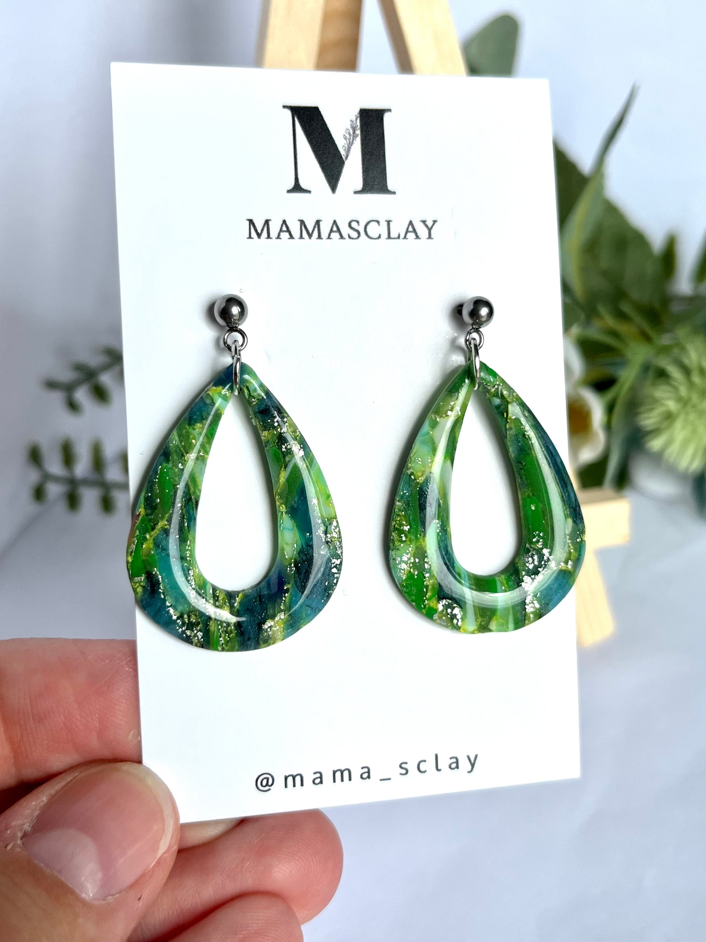 Green and Silver Teardrop Earrings