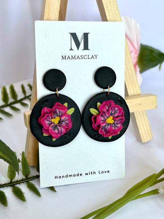 Pink Flower Dangle Earrings  / Black Background